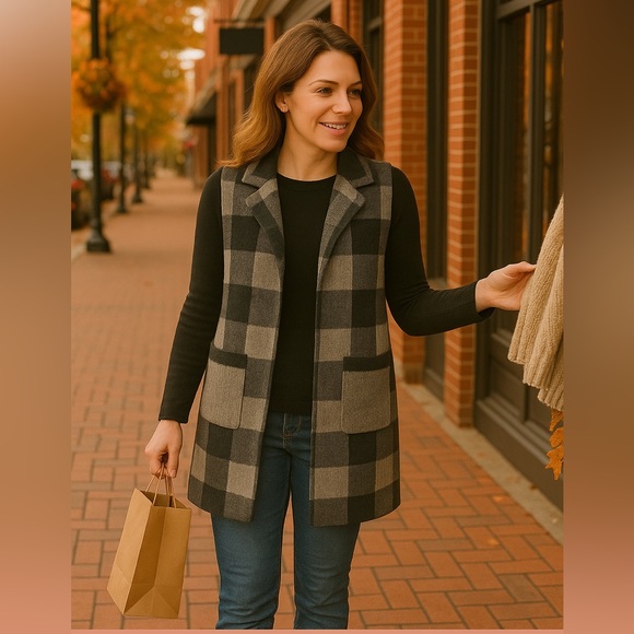 Monteau LA Black Gray Buffalo Check Open Front Cardi Duster Knit Sweater Vest S - Picture 1 of 16